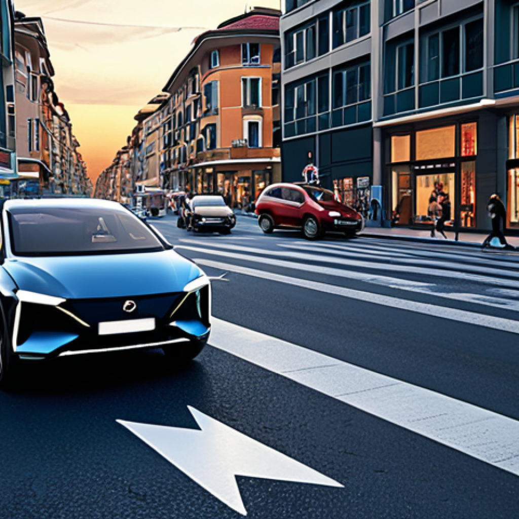 **Prompt:** A sleek, futuristic autonomous car is shown at a complex intersection in a vibrant, modern city reminiscent of Istanbul at dusk. Above the vehicle, an abstract digital overlay visualizes a difficult ethical dilemma, possibly with two diverging paths or a weighing scale, suggesting a choice between prioritizing the safety of vehicle occupants versus pedestrians. Blurred, transparent figures representing various stakeholders (manufacturer, software developer, owner) are subtly depicted around the car, hinting at the complex question of legal liability. The mood is thoughtful and slightly ambiguous, emphasizing the ethical and legal challenges.