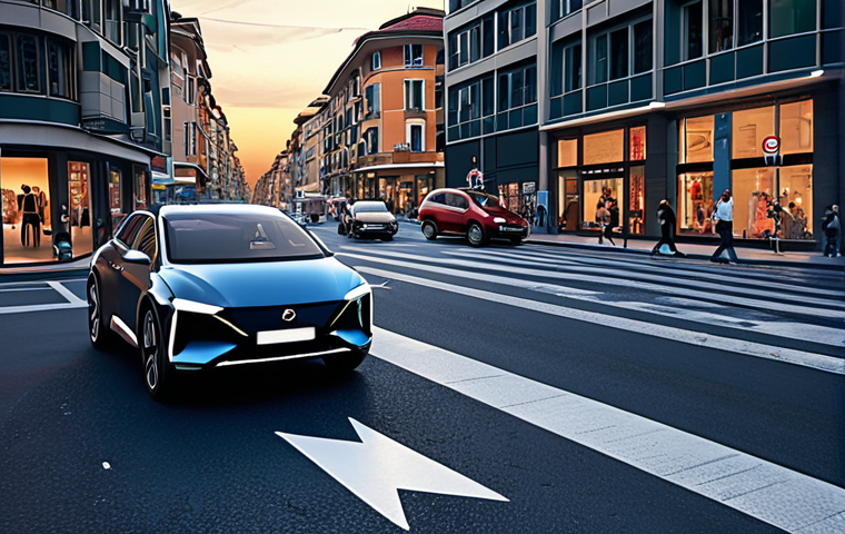 **Prompt:** A sleek, futuristic autonomous car is shown at a complex intersection in a vibrant, modern city reminiscent of Istanbul at dusk. Above the vehicle, an abstract digital overlay visualizes a difficult ethical dilemma, possibly with two diverging paths or a weighing scale, suggesting a choice between prioritizing the safety of vehicle occupants versus pedestrians. Blurred, transparent figures representing various stakeholders (manufacturer, software developer, owner) are subtly depicted around the car, hinting at the complex question of legal liability. The mood is thoughtful and slightly ambiguous, emphasizing the ethical and legal challenges.