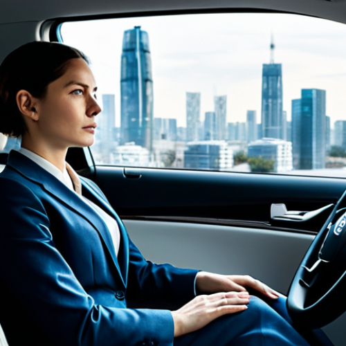 A professional woman, fully clothed in a modest business suit, seated contemplatively in the back of a sleek, modern autonomous vehicle. She gazes out the window at a futuristic city skyline, her expression pensive as if considering the implications of data privacy. The car's interior is clean and minimalist, with subtle, abstract digital patterns on the window suggesting background data activity. The lighting is soft and ambient. safe for work, appropriate content, fully clothed, professional, perfect anatomy, correct proportions, natural pose, well-formed hands, proper finger count, natural body proportions, professional photography, high quality.