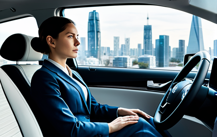 A professional woman, fully clothed in a modest business suit, seated contemplatively in the back of a sleek, modern autonomous vehicle. She gazes out the window at a futuristic city skyline, her expression pensive as if considering the implications of data privacy. The car's interior is clean and minimalist, with subtle, abstract digital patterns on the window suggesting background data activity. The lighting is soft and ambient. safe for work, appropriate content, fully clothed, professional, perfect anatomy, correct proportions, natural pose, well-formed hands, proper finger count, natural body proportions, professional photography, high quality.